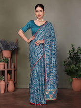 Blue Gujarati Bandhej Hand Print Saree For Navratri
